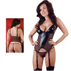 Black Wet Look And Mesh Basque With G String